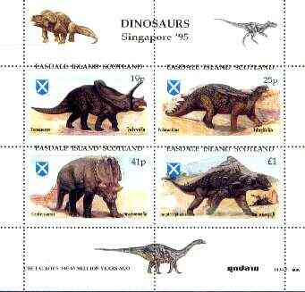 Easdale 1995 'Singapore 95' Stamp Exhibition (Dinosaurs #2 - Cretaceous Period) perf sheetlet containing set of 4 with misplaced perforations unmounted mint, stamps on stamp exhibitions, stamps on dinosaurs