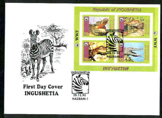 Ingushetia Republic 1996 WWF imperf sheetlet containing complete set of 4 Crocodiles on illustrated cover with first day cancel, stamps on wwf       reptiles, stamps on  wwf , stamps on 
