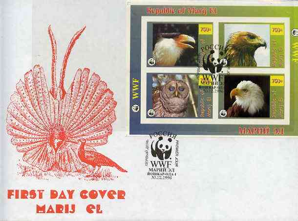 Marij El Republic 1996 WWF imperf sheetlet containing complete set of 4 Birds of Prey on illustrated cover with first day cancel, stamps on wwf       birds     birds of prey    owls, stamps on  wwf , stamps on 