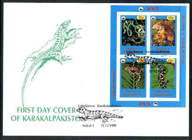 Karakalpakia Republic 1996 WWF imperf sheetlet containing complete set of 4 Reptiles on illustrated cover with first day cancel, stamps on , stamps on  stamps on wwf       reptiles    snakes, stamps on  stamps on  wwf , stamps on  stamps on , stamps on  stamps on snake, stamps on  stamps on snakes, stamps on  stamps on 