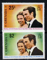 Grenada 1973 Royal Wedding set of 2 unmounted mint, SG 582-3, stamps on royalty, stamps on anne, stamps on mark