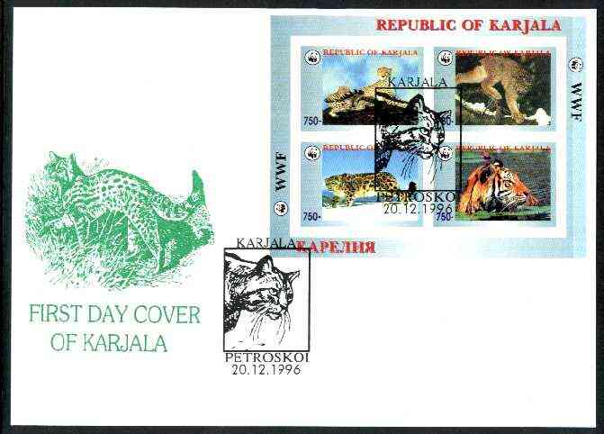 Karjala Republic 1996 WWF imperf sheetlet containing complete set of 4 Animals (Big Cats) on illustrated cover with first day cancel, stamps on , stamps on  stamps on wwf       animals     cats, stamps on  stamps on  wwf , stamps on  stamps on 