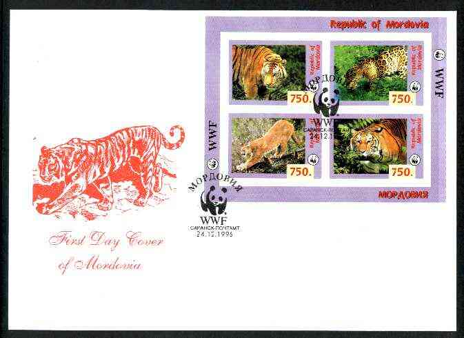 Mordovia Republic 1996 WWF imperf sheetlet containing complete set of 4 Animals (Big Cats) on illustrated cover with first day cancel, stamps on wwf       animals     cats, stamps on  wwf , stamps on 