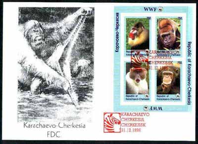 Karachaevo-Cherkesia Republic 1996 WWF imperf sheetlet containing complete set of 4 Monkeys on illustrated cover with first day cancel, stamps on wwf       animals    apes, stamps on  wwf , stamps on 