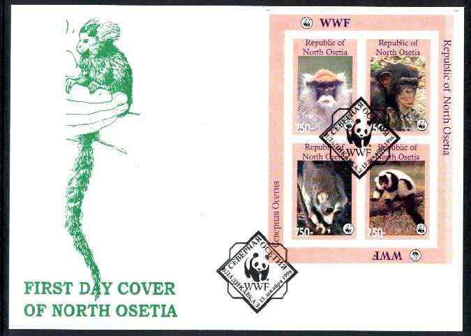 North Ossetia Republic 1996 WWF imperf sheetlet containing complete set of 4 Monkeys on illustrated cover with first day cancel