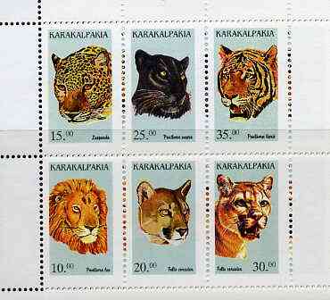 Karakalpakia Republic 1997 Big Cats #2 perf sheetlet containing complete set of 6 unmounted mint, stamps on , stamps on  stamps on animals    cats