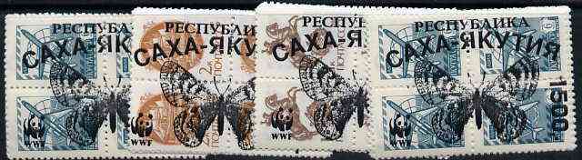 Sakha (Yakutia) Republic - WWF Butterflies opt set of 5 values, each design opt'd on block of 4 Russian defs (total 20 stamps) unmounted mint, stamps on , stamps on  stamps on wwf    butterflies, stamps on  stamps on  wwf , stamps on  stamps on 