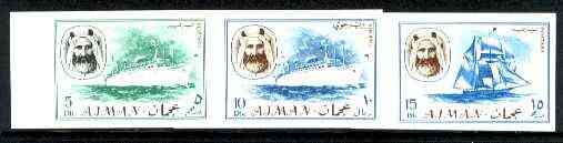 Ajman 1967 Ships (5Dh, 15Dh & 10R from Transport imperf set of 14) unmounted mint Mi 131, 132 & 140, stamps on , stamps on  stamps on ships