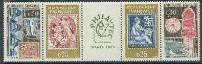 France 1964 Philatec 1964 Stamp Exhibition strip of 4 with label unmounted mint, SG 1643a, stamps on stamp exhibitions, stamps on stamp on stamp, stamps on telephone, stamps on communications, stamps on posthorn , stamps on stamponstamp