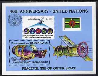 Dominica 1985 40th Anniversary of United Nations m/sheet (Apollo) unmounted mint, SG MS 982, stamps on united nations, stamps on space, stamps on telephones, stamps on communications