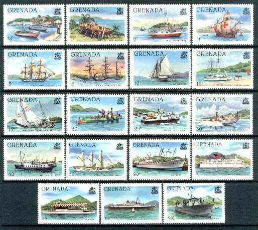 Grenada 1980 Shipping definitive set of 19 values complete (without imprint) unmounted mint SG 1081A-99A*, stamps on , stamps on  stamps on ships, stamps on columbus, stamps on police, stamps on rum, stamps on coast guard, stamps on fishing, stamps on paddle steamer