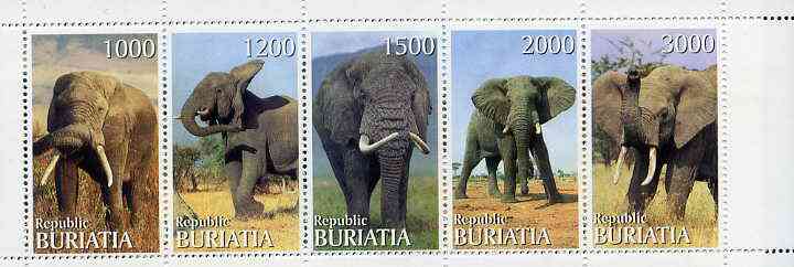 Buriatia Republic 1996 Elephants perf set of 5 values unmounted mint, stamps on , stamps on  stamps on elephants   animals