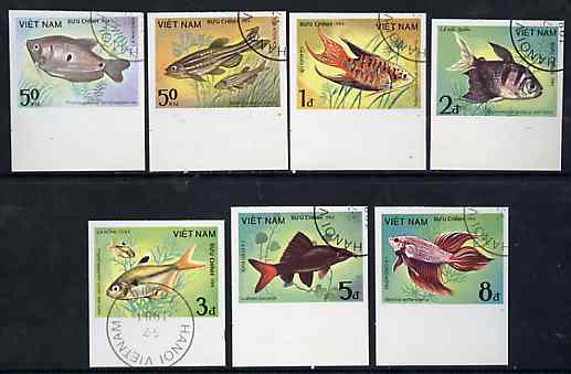 Vietnam 1984 Fishes imperf set of 7 cto used (very scarce with only a limited number issued thus) as SG 700-06*, stamps on , stamps on  stamps on fish     marine-life