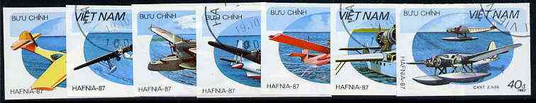 Vietnam 1987 'Hafnia 87' Stamp Exhibition (Flying Boats) imperf set of 7 cto used (very scarce with only a limited number issued thus) as SG 1136-42*, stamps on , stamps on  stamps on aviation      flying boats