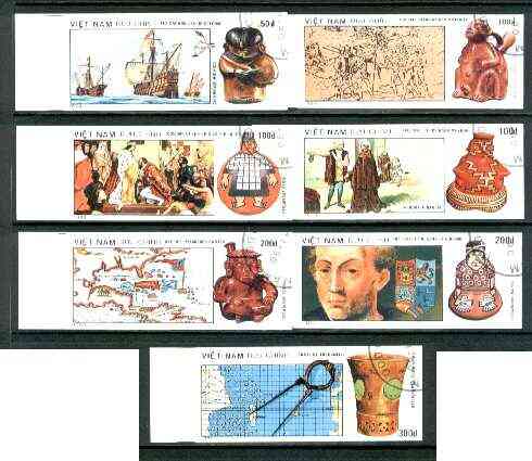 Vietnam 1989 500th Anniversary of Discovery of America by Columbus (1st Issue) imperf set of 7 cto used (very scarce with only a limited number issued thus) as SG 1372-78*, stamps on , stamps on  stamps on americana    ships    explorers     columbus    artefacts