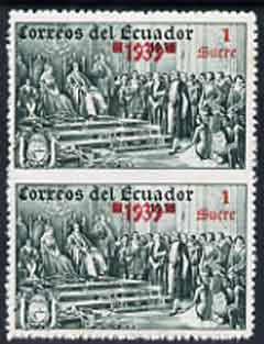 Ecuador 1939 the unissued Columbus 1 sucre value vert pair imperf between, unmounted but slight signs of ageing on gum, stamps on , stamps on  stamps on columbus, stamps on  stamps on explorers, stamps on  stamps on personalities