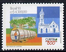 Brazil 1993 300th Anniversary of Curitiba unmounted mint SG 2568*, stamps on railways, stamps on churches