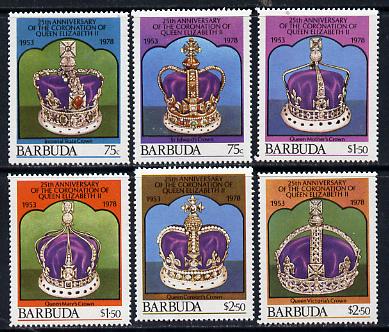 Barbuda 1978 Coronation 25th Anniversary 1st issue (Crowns) set of 6 unmounted mint, SG 408-13, stamps on , stamps on  stamps on royalty, stamps on coronation