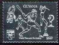 Guyana World Thematic Exhibition $600 embossed in silver foil showing Cycling, Tennis, Baseball, Golf & Chess unmounted mint, stamps on stamp exhibitions, stamps on bicycles    tennis    golf    baseball    chess