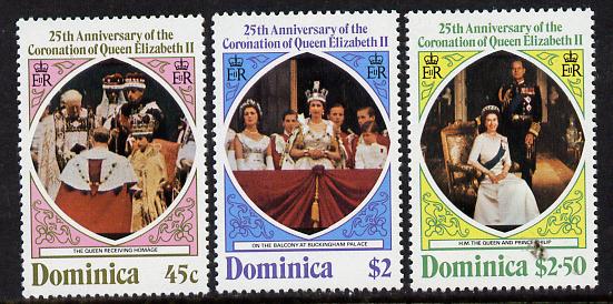 Dominica 1978 Coronation 25th Anniversary perf 14 set of 3 unmounted mint from sheets, SG 612-4, stamps on , stamps on  stamps on royalty, stamps on  stamps on coronation