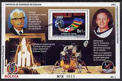 Bolivia 1993 Space Achievements perf m/sheet featuring Mail Service stamp opt'd MUESTRA unmounted mint, stamps on , stamps on  stamps on flags    space    postal