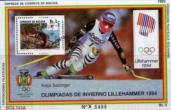 Bolivia 1993 Lillehammer Winter Olympics perf m/sheet featuring Anteater 2b Conservation stamp optd MUESTRA unmounted mint, stamps on olympics    skiing     animals