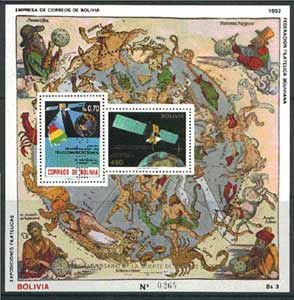 Bolivia 1992 Death Anniversary of Copernicus perf m/sheet featuring Telecommunications stamps perf'd MUESTRA unmounted mint, stamps on communications, stamps on maps, stamps on science, stamps on copernicus, stamps on astrology, stamps on maths, stamps on death