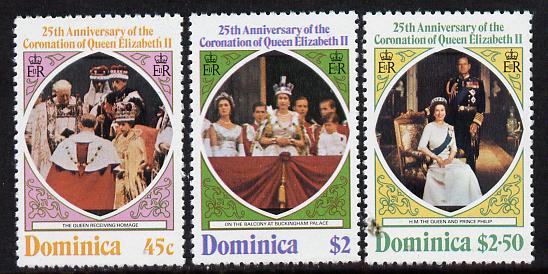 Dominica 1978 Coronation 25th Anniversary perf 12 set of 3 from sheetlets unmounted mint, SG 612-4, stamps on , stamps on  stamps on royalty, stamps on  stamps on coronation