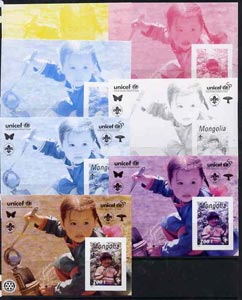 Mongolia 1997 UNICEF m/sheet (Children with Butterflies, Scouts & Rotary symbols) set of 7 imperf progressive proofs comprising the 4 individual colours plus 2, 3 and all..., stamps on children, stamps on unicef, stamps on united-nations, stamps on scouts, stamps on rotary, stamps on butterflies