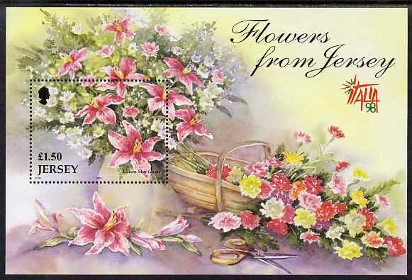 Jersey 1998 Flowers perf m/sheet (with Italia 98 logo) unmounted mint, SG MS880, stamps on flowers, stamps on stamp exhibitions