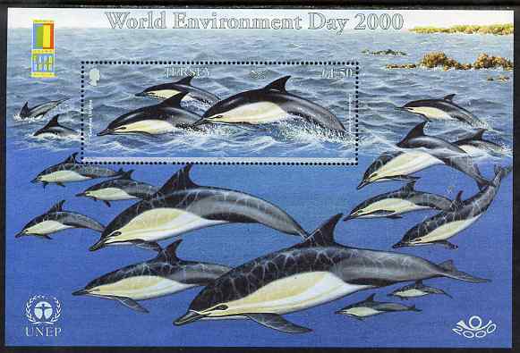 Jersey 2000 World Environment Day - Marine Mammals perf m/sheet (with World Expo 2000 USA logo) unmounted mint, SG MS953, stamps on marine life, stamps on whales, stamps on dolphins, stamps on stamp exhibition