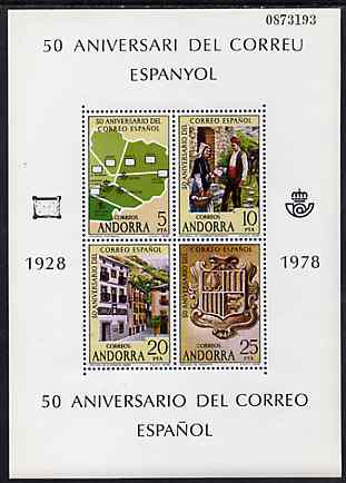 Andorra - Spanish 1978 50th Anniversary of Spanish Post Office m/sheet unmounted mint, SG MS 107, stamps on postal, stamps on postman