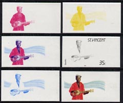 St Vincent 1985 Musical Instruments 35c (Quatro 4-stringed guitar) set of 6 imperf progressive proofs comprising the 4 individual colours plus 2 & 3 colour composites (as SG 906), stamps on music, stamps on guitar, stamps on musical instruments