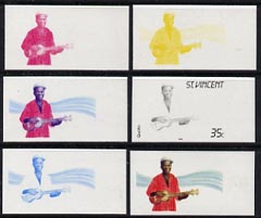 St Vincent 1985 Musical Instruments 35c (Quatro 4-stringed guitar) set of 6 imperf progressive proofs comprising the 4 individual colours plus 2 & 3 colour composites (as..., stamps on music, stamps on guitar, stamps on musical instruments