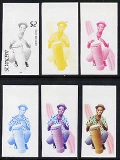 St Vincent 1985 Musical Instruments $2 (Goat-Skin Drum) set of 6 imperf progressive proofs comprising the 4 individual colours plus 2 & 3 colour composites (as SG 908), stamps on , stamps on  stamps on music, stamps on  stamps on musical instruments