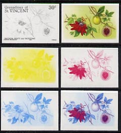 St Vincent - Grenadines 1985 Fruits & Blossoms 30c (Passion Fruit) set of 6 imperf progressive proofs comprising the 4 individual colours plus 2 & 3 colour composites (as..., stamps on flowers  fruit