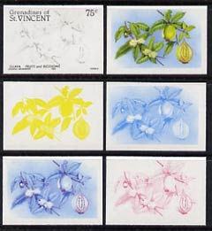 St Vincent - Grenadines 1985 Fruits & Blossoms 75c (Guava) set of 6 imperf progressive proofs comprising the 4 individual colours plus 2 & 3 colour composites (as SG 399)..., stamps on flowers  fruit