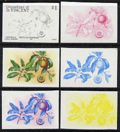 St Vincent - Grenadines 1985 Fruits & Blossoms $1 (Sapodilla) set of 6 imperf progressive proofs comprising the 4 individual colours plus 2 & 3 colour composites (as SG 4..., stamps on flowers  fruit