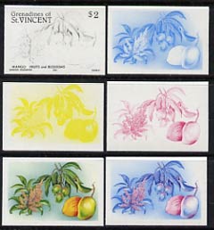 St Vincent - Grenadines 1985 Fruits & Blossoms $2 (Mango) set of 6 imperf progressive proofs comprising the 4 individual colours plus 2 & 3 colour composites (as SG 401) unmounted mint, stamps on flowers          fruit    mango