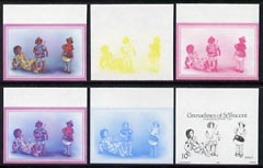 St Vincent - Grenadines 1986 Handicrafts 10c (Hand-made Dolls) set of 6 imperf progressive proofs comprising the 4 individual colours plus 2 and 3-colour composites (as SG 464) unmounted mint, stamps on crafts, stamps on dolls, stamps on toys
