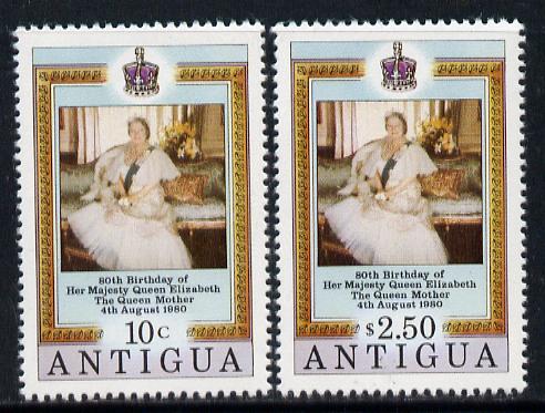 Antigua 1980 Queen Mother 80th B'day set of 2 unmounted mint, SG 663-4, stamps on royalty, stamps on queen mother, stamps on 80th