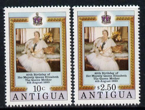 Antigua 1980 Queen Mother 80th B'day set of 2 unmounted mint, SG 663-4, stamps on , stamps on  stamps on royalty, stamps on  stamps on queen mother, stamps on  stamps on 80th