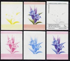 St Vincent - Grenadines 1985 Flowers (Leaders of the World) 5c the set of 6 imperf progressive proofs in se-tenant pairs comprising the 4 individual colours plus 2 and 3-..., stamps on flowers      orchids