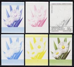 St Vincent - Grenadines 1985 Flowers (Leaders of the World) 55c the set of 6 imperf progressive proofs in se-tenant pairs comprising the 4 individual colours plus 2 and 3..., stamps on flowers