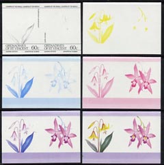 St Vincent - Grenadines 1985 Flowers (Leaders of the World) 60c the set of 6 imperf progressive proofs in se-tenant pairs comprising the 4 individual colours plus 2 and 3..., stamps on flowers     orchids