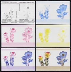 St Vincent - Grenadines 1985 Flowers (Leaders of the World) $2 the set of 6 imperf progressive proofs in se-tenant pairs comprising the 4 individual colours plus 2 and 3-colour composites (as SG 376a) unmounted mint, stamps on flowers