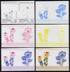 St Vincent - Grenadines 1985 Flowers (Leaders of the World) $2 the set of 6 imperf progressive proofs in se-tenant pairs comprising the 4 individual colours plus 2 and 3-..., stamps on flowers