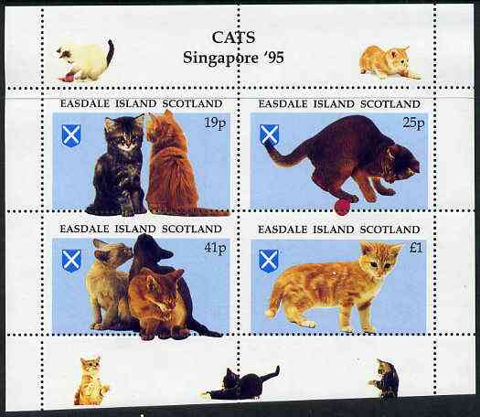 Easdale 1995 'Singapore 95' Stamp Exhibition (Cats) sheetlet containing perf set of 4 with perforations misplaced unmounted mint, stamps on , stamps on  stamps on cats