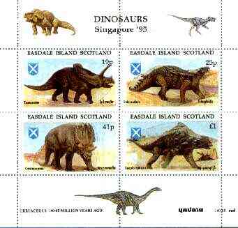 Easdale 1995 Singapore 95 Stamp Exhibition (Dinosaurs #2 - Cretaceous Period) perf sheetlet containing set of 4 rejected by printer due to over-inking (blue) unmounted mi..., stamps on stamp exhibitions, stamps on dinosaurs