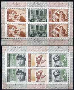 Russia 1975 Birth Anniversary of Michelangelo set of 2 sheetlets (each containing 2 se-tenant strips of 3) unmounted mint as SG 4368-73, Mi 4329-34, stamps on arts, stamps on sculpture, stamps on renaissance